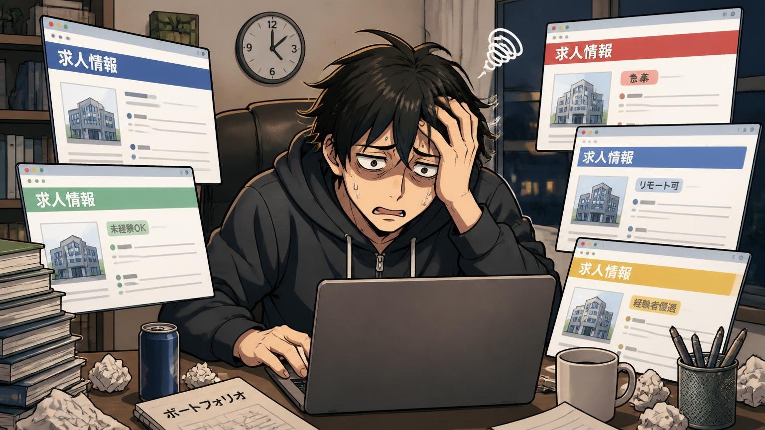 自宅のデスクで深夜に複数の求人ページを開いて疲れた顔をするエンジニア