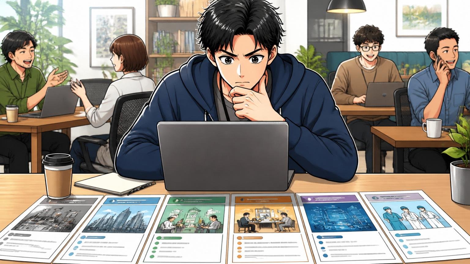 コワーキングスペースで複数の業界の求人情報を並べてノートPCで比較する30代男性エンジニア