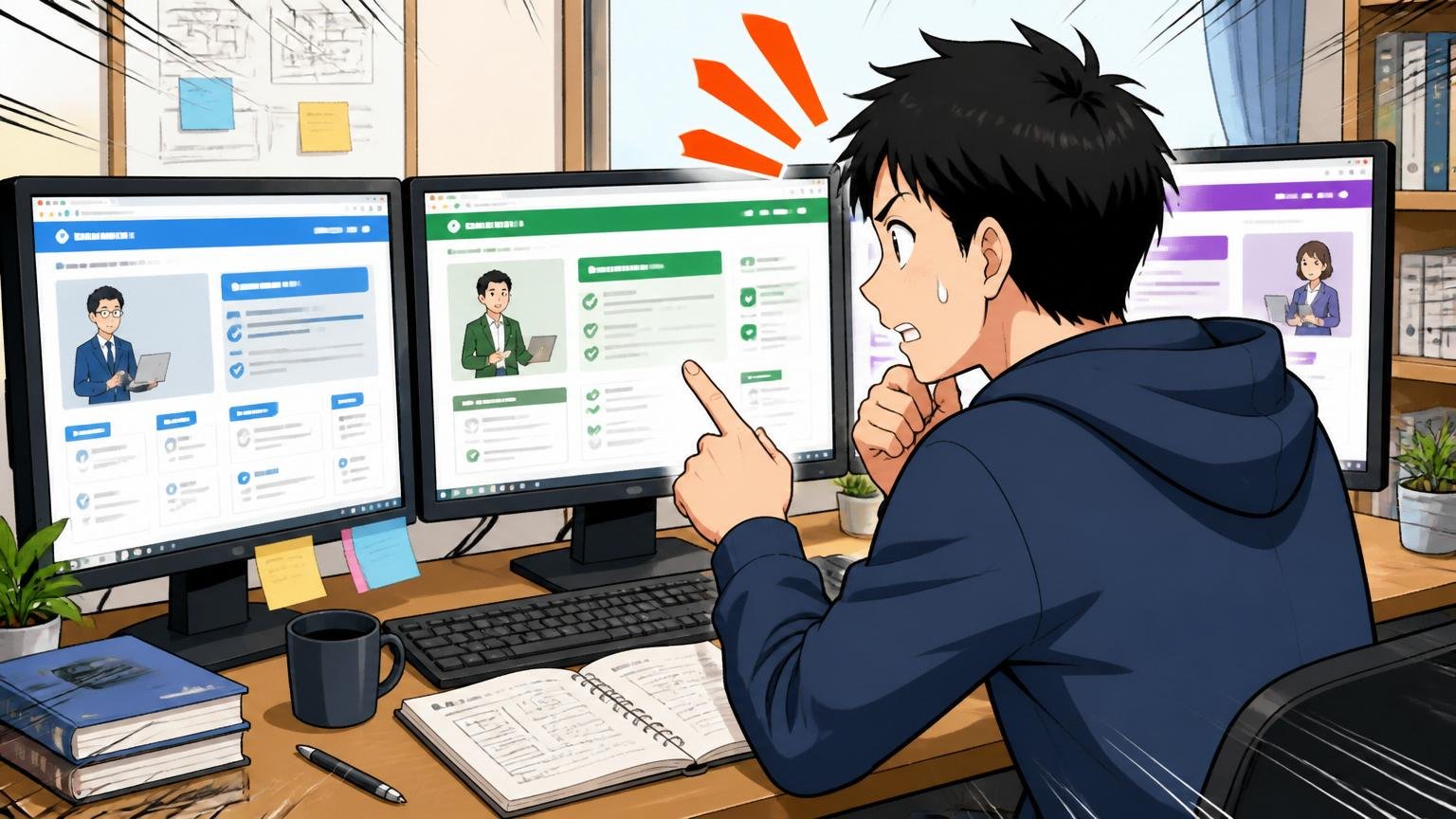 IT特化型2〜3社の併用。自宅のデスクで複数のエージェントサイトを並べて比較するエンジニアの場面