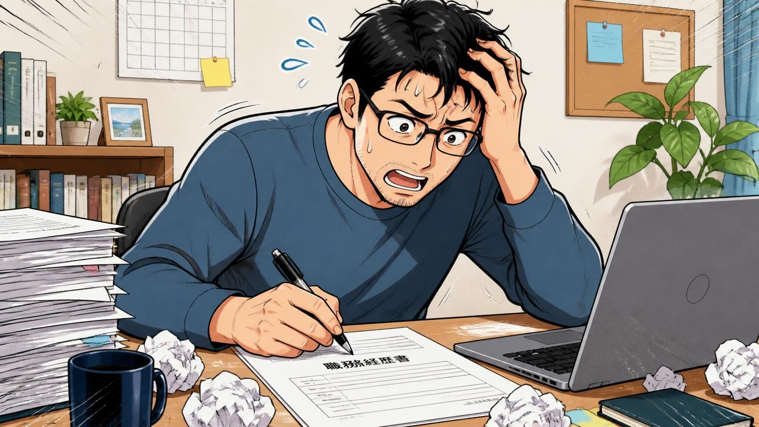 自宅のデスクで30代エンジニアが職務経歴書を書きながら頭を抱える