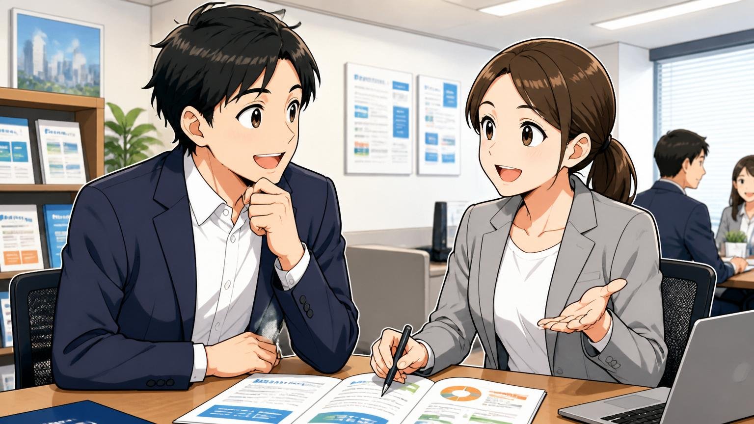 IT特化型エージェントとの相談中の30代コンサル、転職エージェントのオフィスで前向きに会話