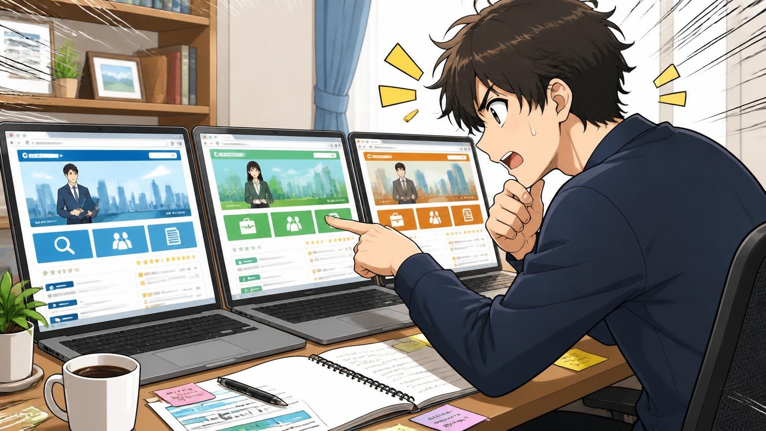 自宅のデスクで3つの転職エージェントサイトを並べて比較するエンジニア1人
