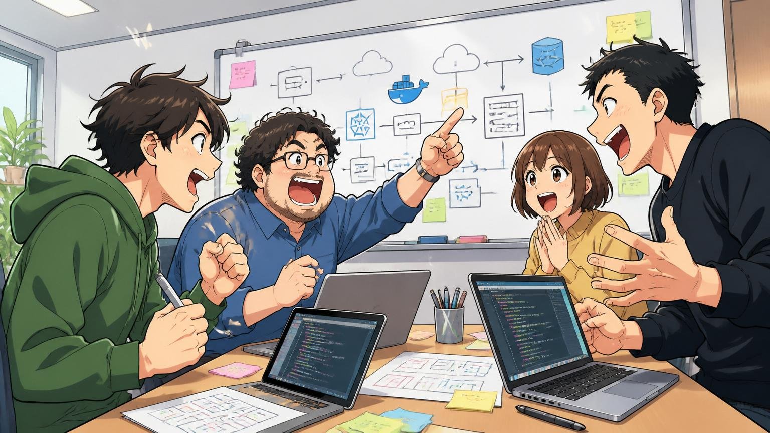 IT特化型エージェントを選ぶ理由を考える場面、IT特化型エージェントの会議室でエンジニアと専門アドバイザーが技術スタックの話で盛り上がる