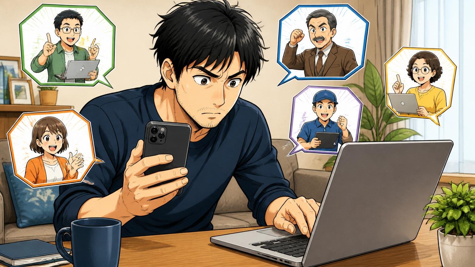 自宅のリビングでスマホとPCを使い分けて複数のエージェントに登録する30代男性、集中した表情