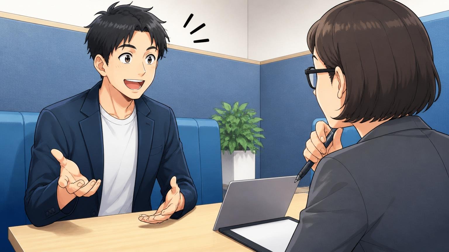 よくある質問。IT企業の面談ブースで男性社員1人とアドバイザーが向かい合って話す