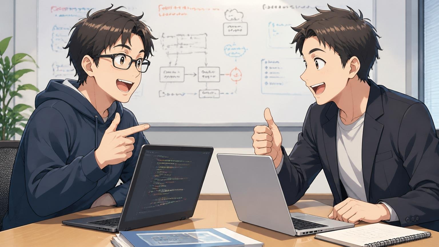 なぜIT特化型エージェントなのか。面談スペースで技術の話が通じて頷き合うエンジニアと相談員
