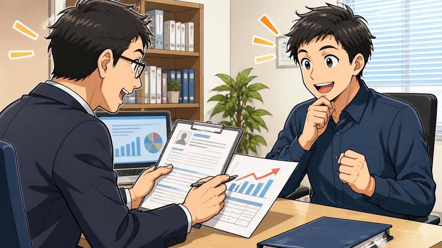 企業の面談スペースでアドバイザーから年収予測や職務経歴書のフィードバックを受け納得した表情のエンジニア1人