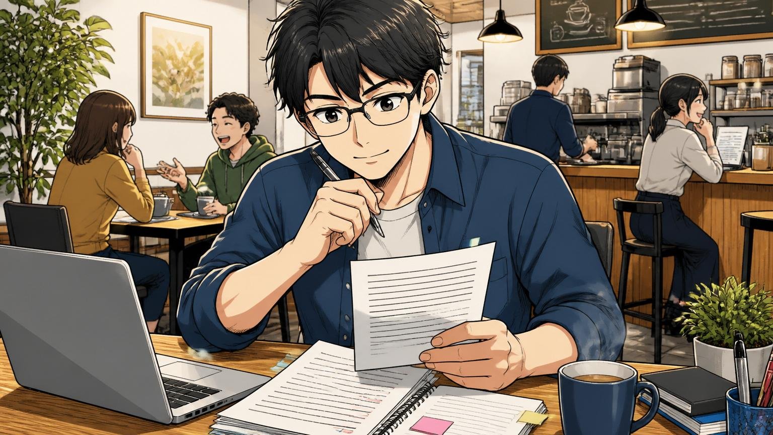 ステップ2職務経歴書を解決したことへ書き換える。カフェで職務経歴書を推敲する男性エンジニア1人