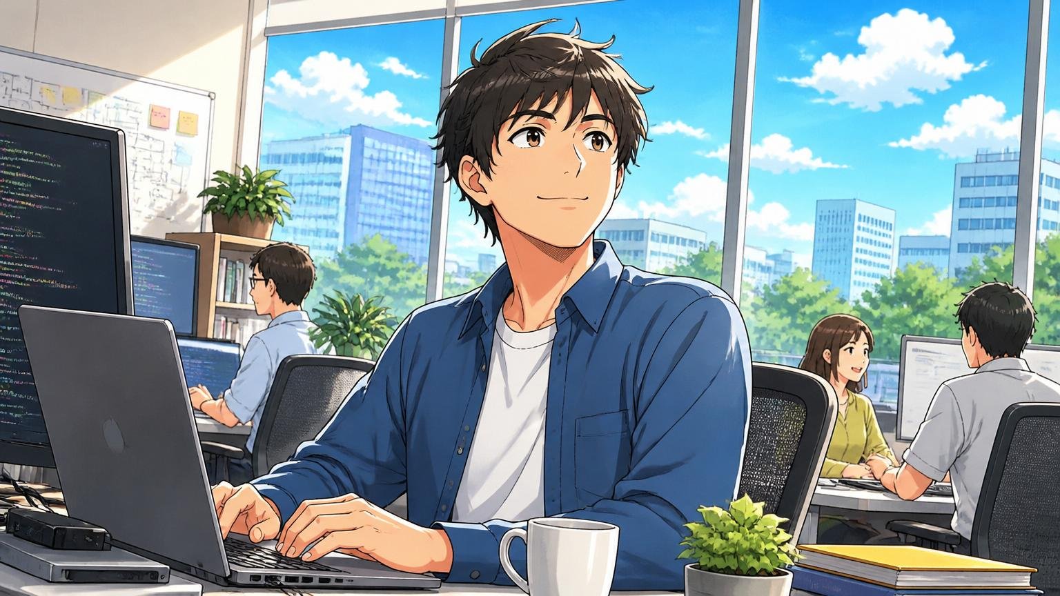 焦らず諦めず自分のタイミングで決めていい。窓の明るいオフィスで前を向き晴れやかな表情の男性エンジニア1人