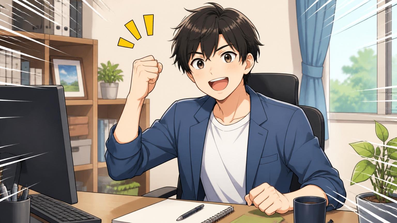 今日からできるたった一つの行動 自宅のデスクで前向きに一歩踏み出す決意をした社員1人 晴れやかな表情