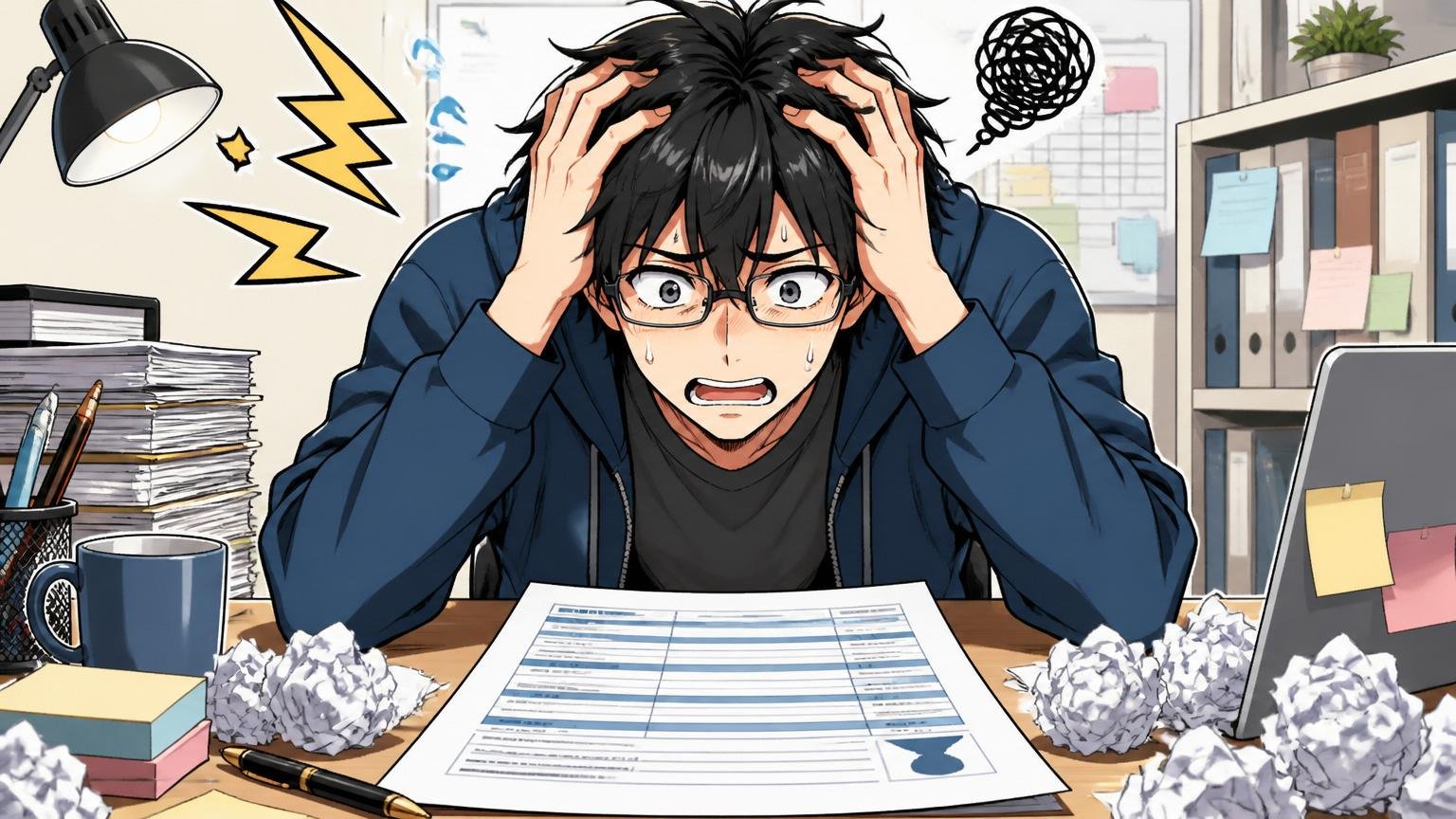 職務経歴書の棚卸しをしない失敗。デスクで男性エンジニアが職務経歴書を前に頭を抱える