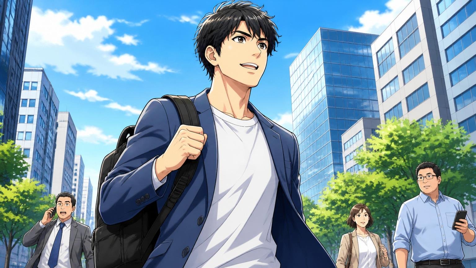 朝のオフィス街を晴れやかで前向きな表情で力強く歩き出す転職を考える30代の男性エンジニア