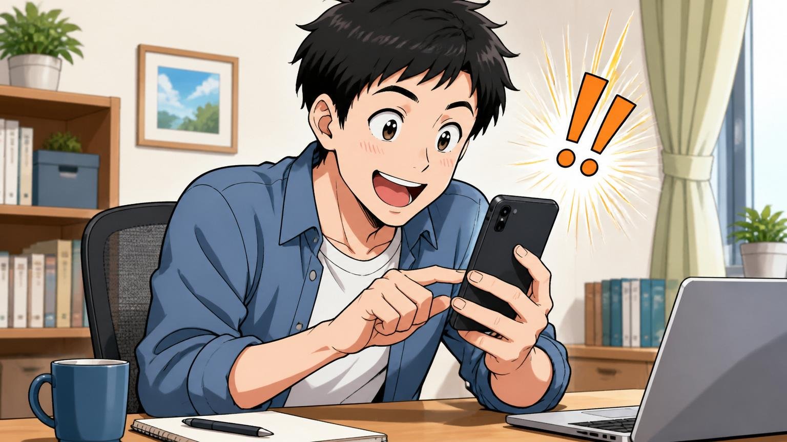 辞めずに市場価値を知る。自宅デスクでスマホから無料相談に申し込む社員1人