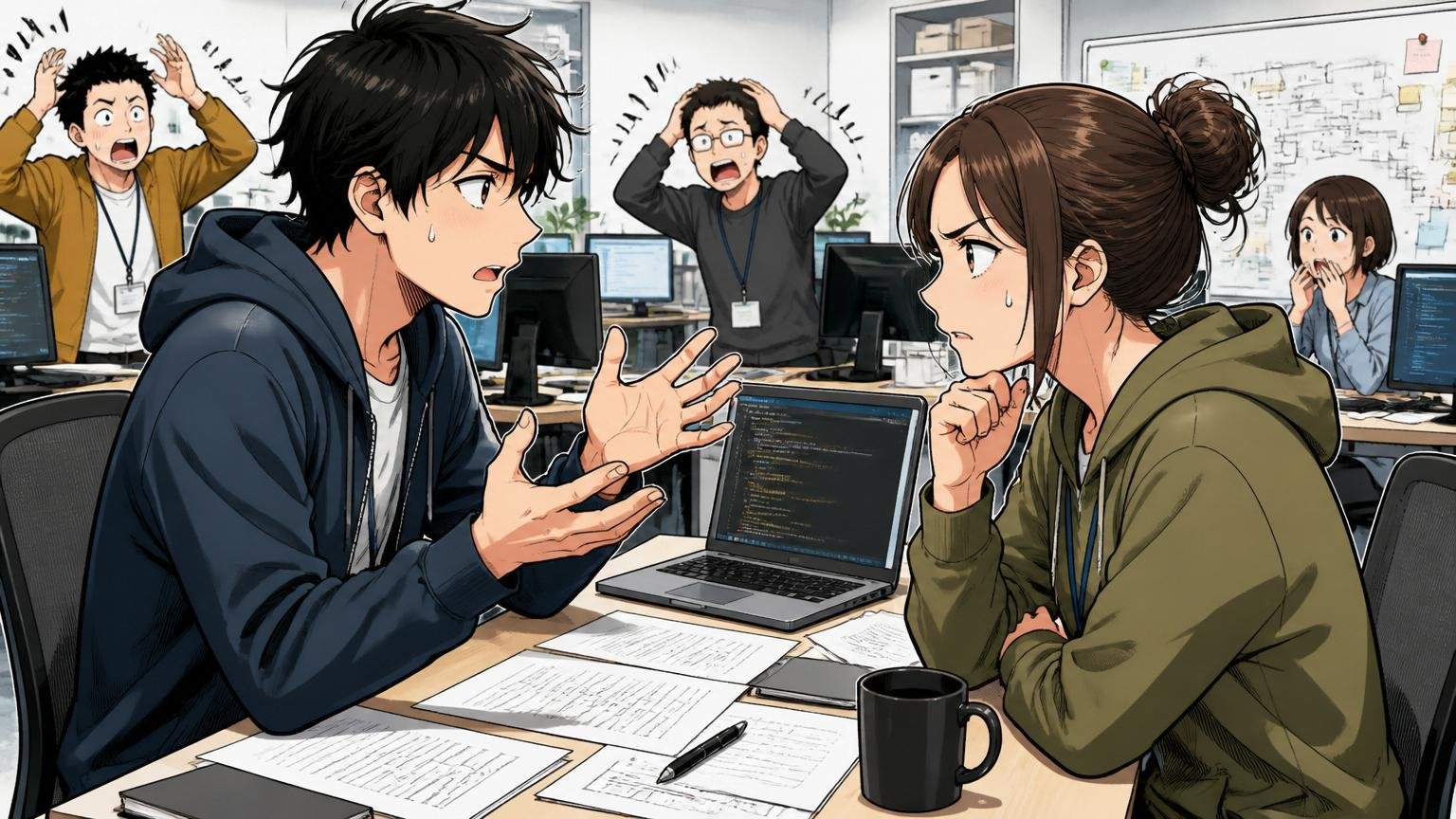 今すぐ辞めるもなんとなく残るもどちらも損。オフィスで真剣に話し合う男女のエンジニア2人
