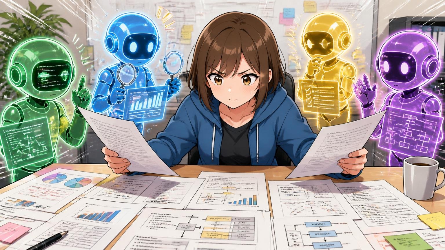 IT特化型エージェントを複数使い比較する。複数の面談資料を机に広げ見比べる女性エンジニア