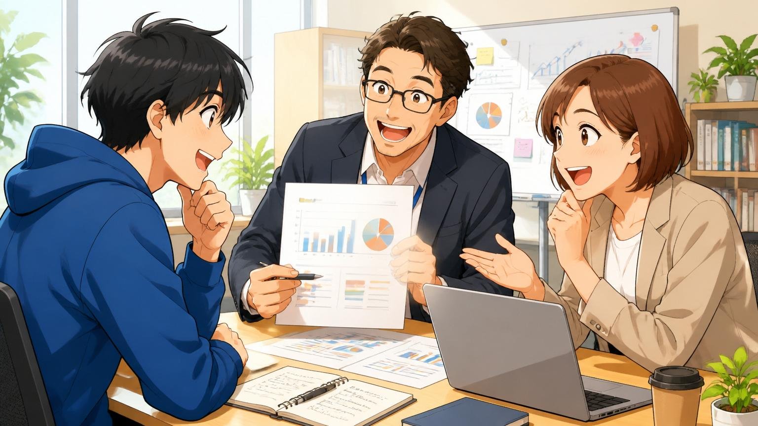 IT特化型が市場価値を翻訳してくれる。明るい面談室で笑顔で相談する男性エンジニアと担当者2人