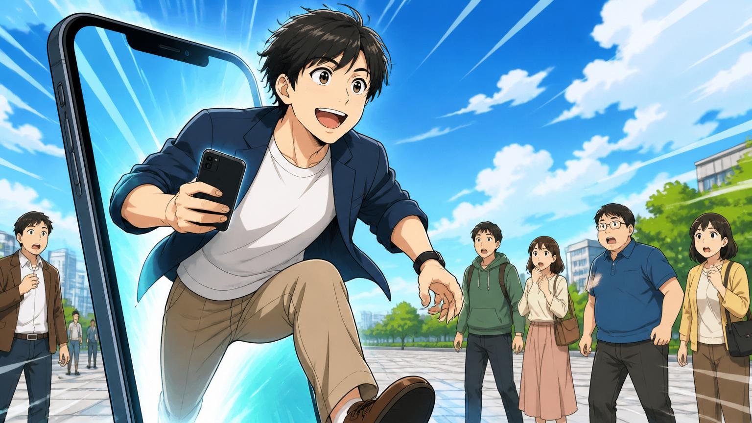 迷ったらまず無料で今の自分の値段を聞いてみよう。30代男性エンジニアが明るい表情でスマホから一歩踏み出す