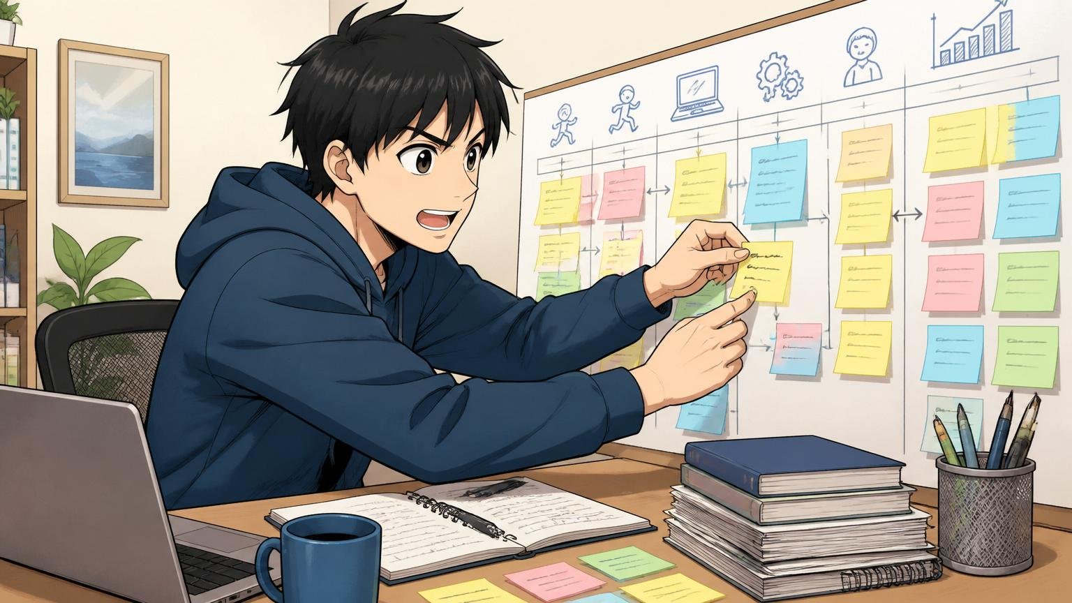 経験を棚卸しして職務経歴書に言語化する。自宅のデスクで男性エンジニアが付箋を貼りながら経歴を整理する
