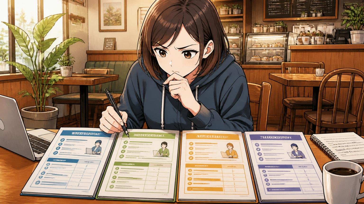 複数社を比較して使うのが鉄則|カフェで複数のエージェント資料を並べて比較する女性エンジニア1人