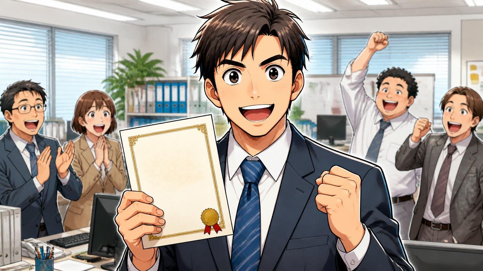 会社の制度を使い倒してから動いた賢い辞め方 オフィスで資格証を手に前向きな表情の30代男性