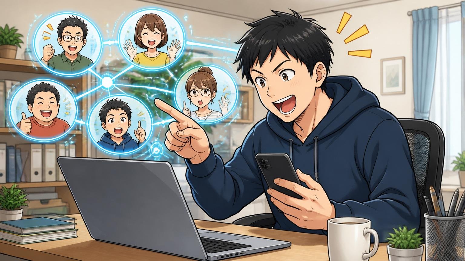 複数のエージェントに登録する場面、自宅のデスクで在宅勤務、エンジニア1人がスマホとノートPCで作業する