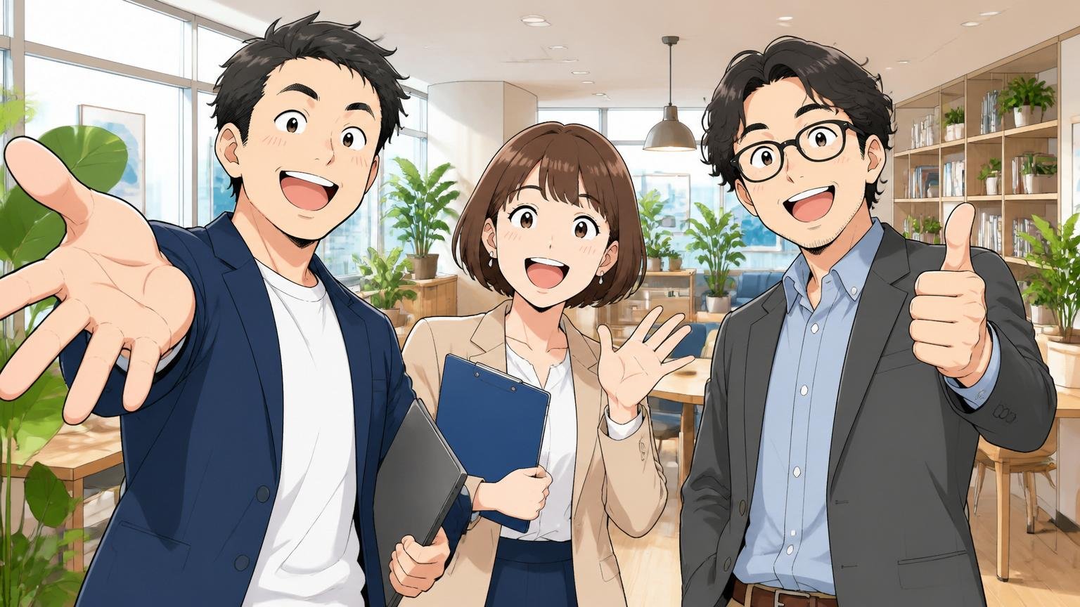SCSK出身者におすすめの、IT特化型転職エージェントTOP3。IT特化型転職エージェントの明るいオフィスで、男性女性混在のエージェント3人が温和に来訪者を迎える
