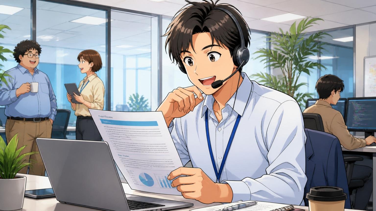 外資企業のオフィスで英語の資料を読みながら笑顔で電話会議に参加する30代男性ITプロフェッショナル