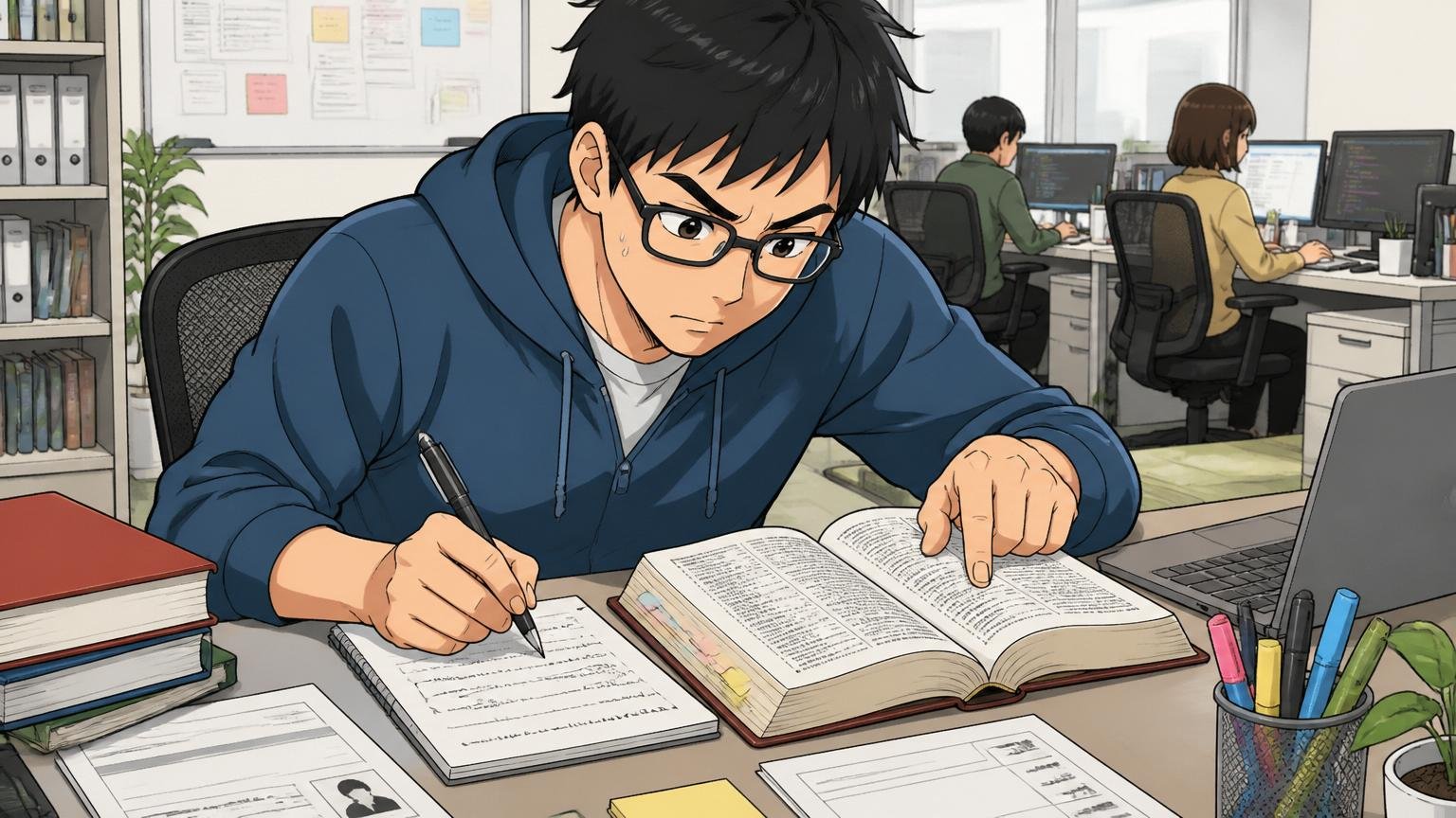 Web系オフィスで職務経歴書の翻訳作業を進める30代エンジニア1人、辞書とノートを広げて単語を書き換える
