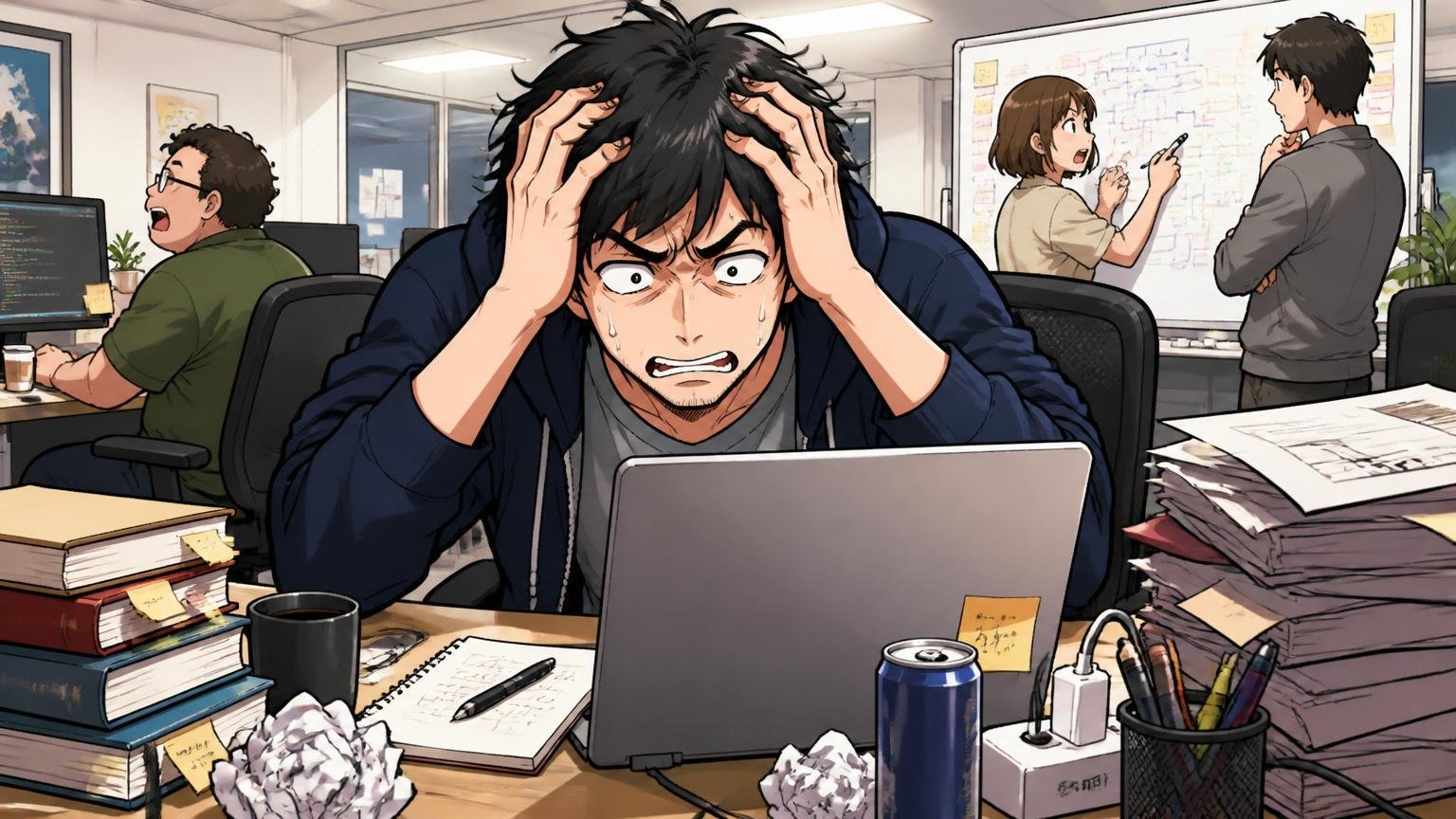 失敗②:「自社開発に行けば全部解決する」幻想。Web系スタートアップのオフィスで30代男性エンジニアが疲れた表情で残業しながら頭を抱える