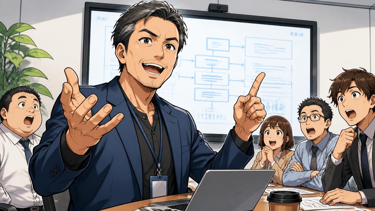 企業の会議室で面接で堂々と経験を語る40代の男性ITスペシャリスト1人