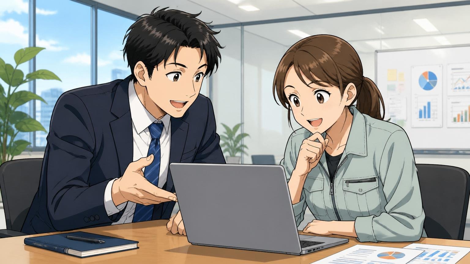 企業の会議室でキャリアアドバイザーと30代女性エンジニアが面談し、PCを覗き込んで話す