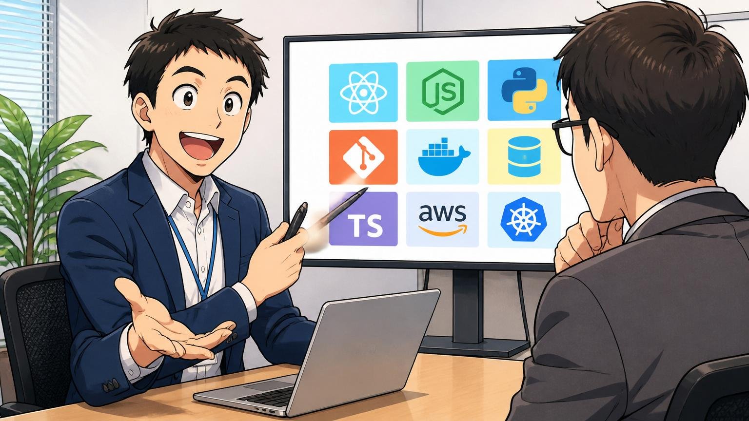 IT特化型エージェントは技術スタック軸で評価してくれることを説明するキャリアアドバイザー、企業の会議室で面接、2人、画面を見せながら説明する笑顔