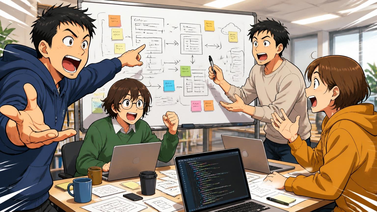 Web系自社開発企業のオフィスでチーム会議、エンジニア4人が新サービスの設計について議論する活気ある場面