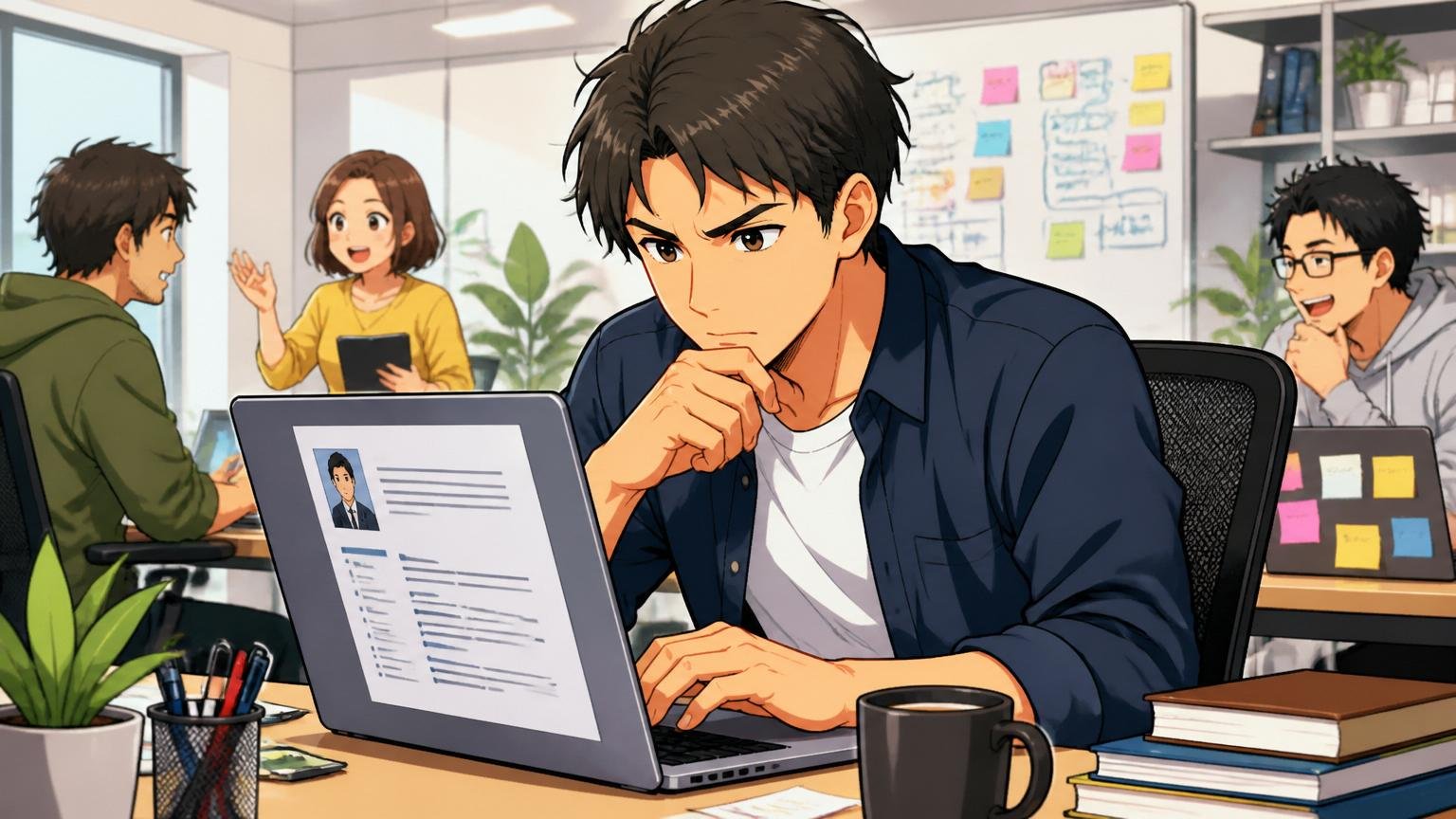 Web系スタートアップのオフィスでノートPCの画面に職務経歴書を表示して書き換えている中堅エンジニア