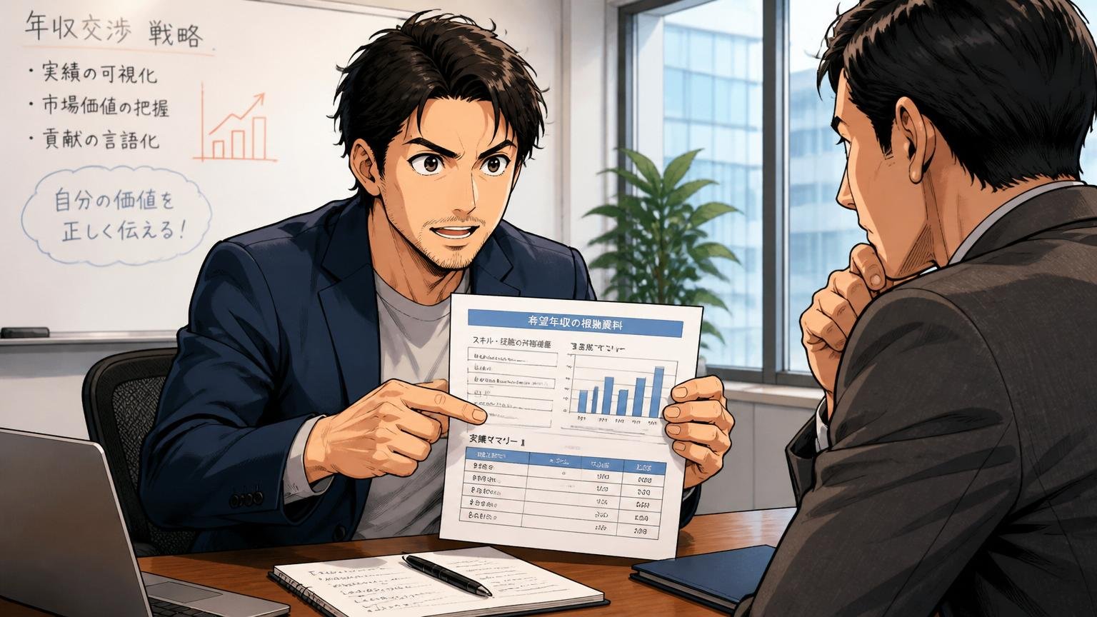 企業の会議室で年収交渉資料を手にエージェントと前向きに話し込む30代エンジニアの真剣な表情