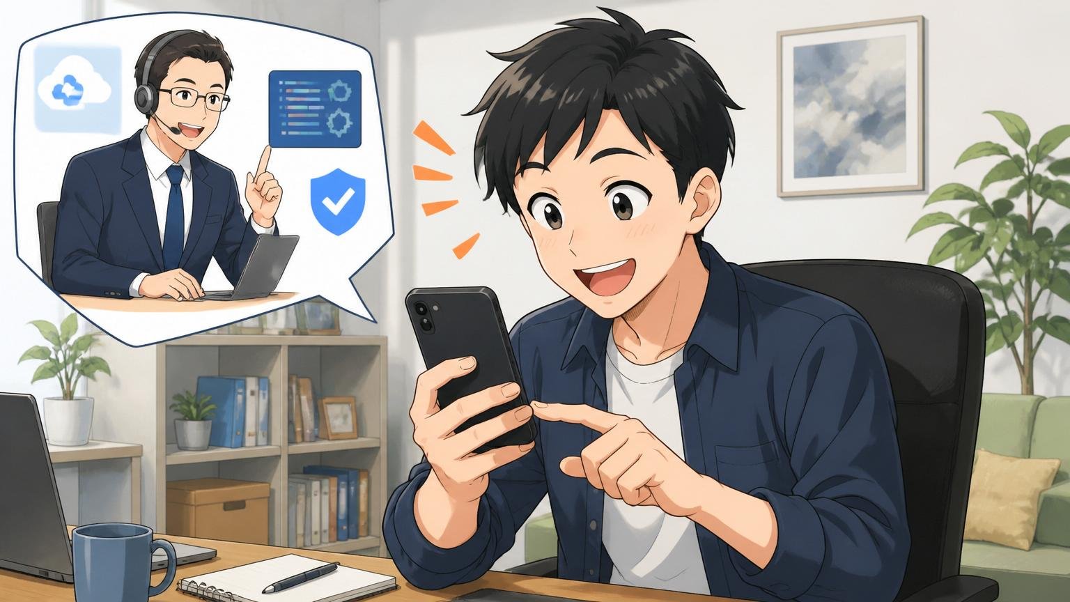 自宅のデスクでスマホからIT特化型エージェントの無料相談に申し込む明るい表情のビジネスパーソン