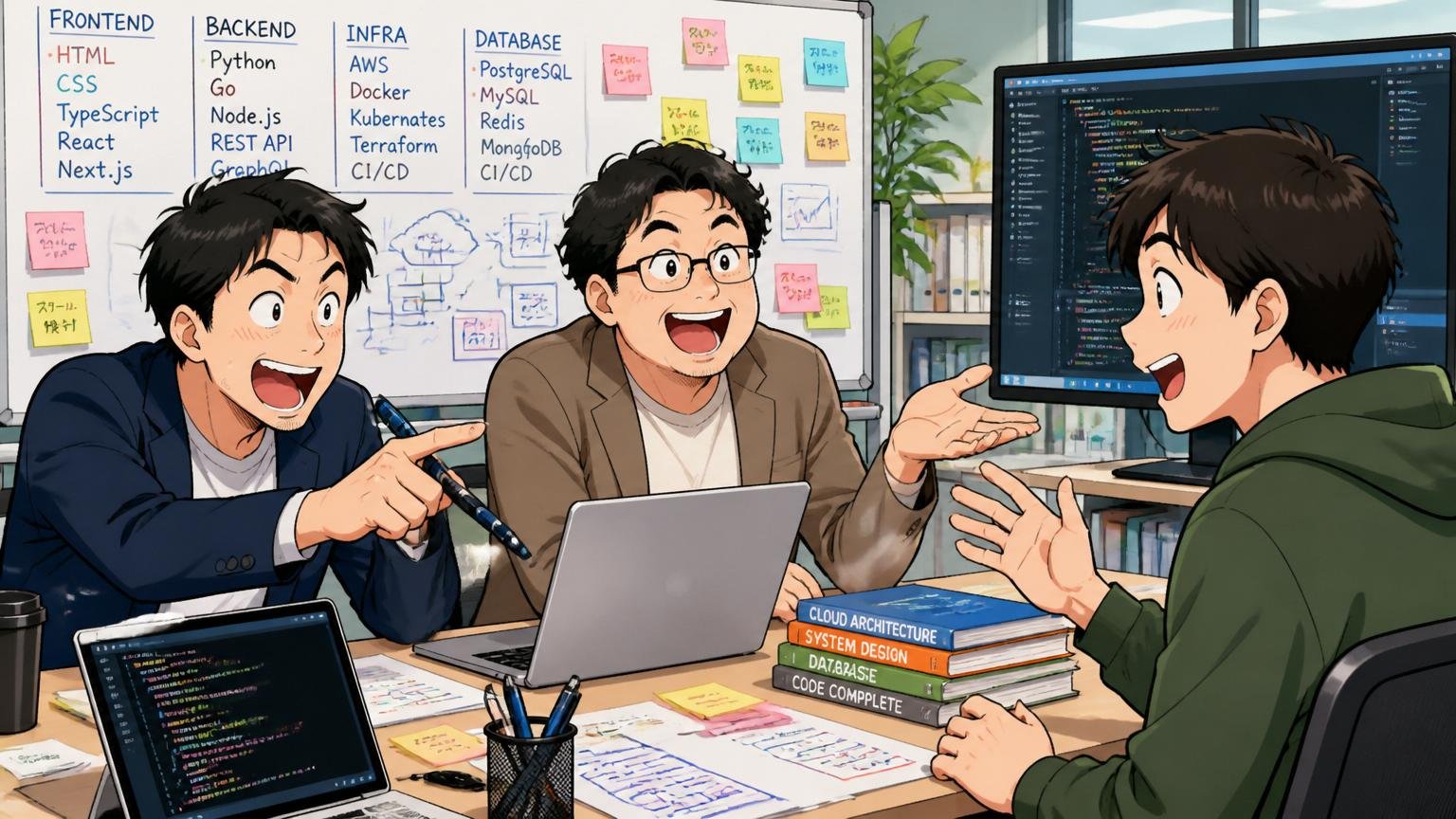 IT専門エージェントのオフィスで技術スタックの話で盛り上がるアドバイザー2人とエンジニア1人が打ち合わせをしている