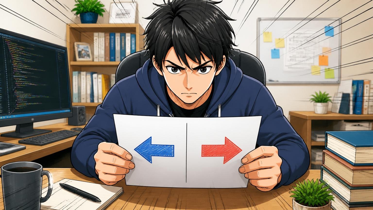 自宅のデスクで2つの選択肢を書いた紙を見つめるITエンジニア1名が決意の表情を浮かべる