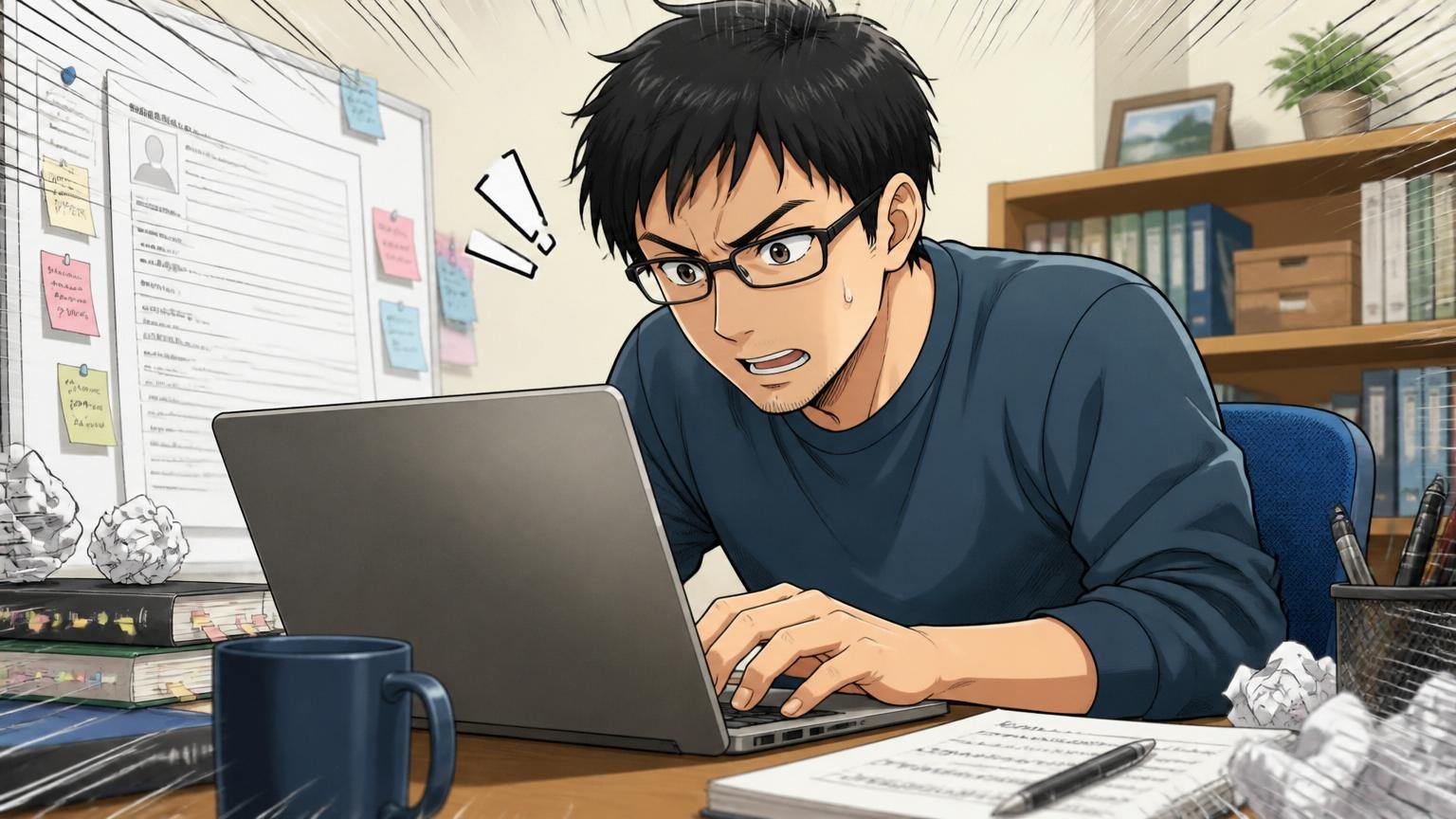 自宅のデスクで職務経歴書をパソコンで書き直す30代の中途エンジニア