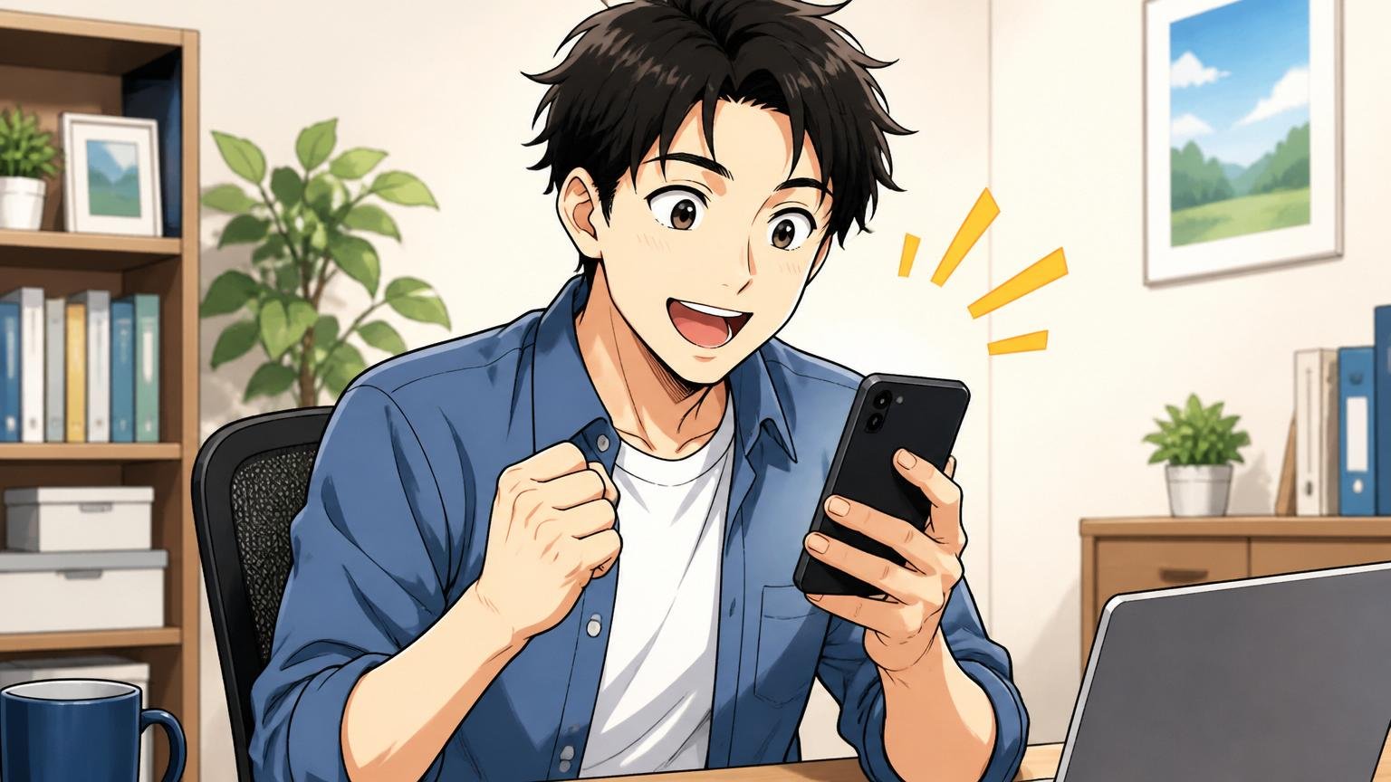 自宅のデスクで在宅勤務中の20代後半男性、スマートフォンでエージェントの無料相談を申し込み爽やかな表情になる瞬間