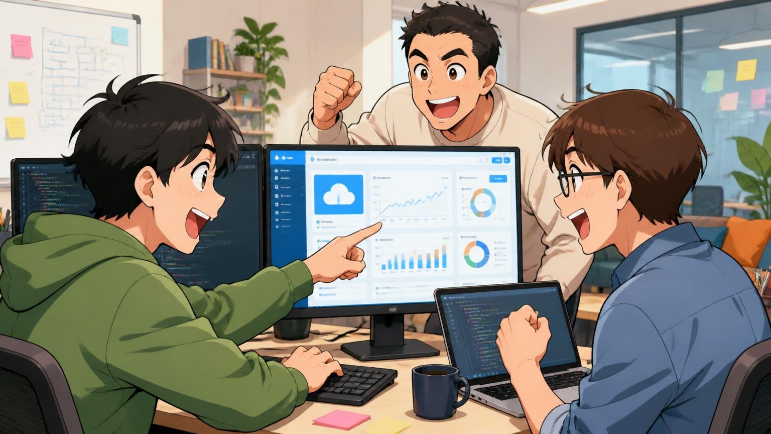 SaaS系企業／クラウド型業務システム、Web系スタートアップのオフィスで、エンジニア3人がクラウドサービスのダッシュボードを開発する