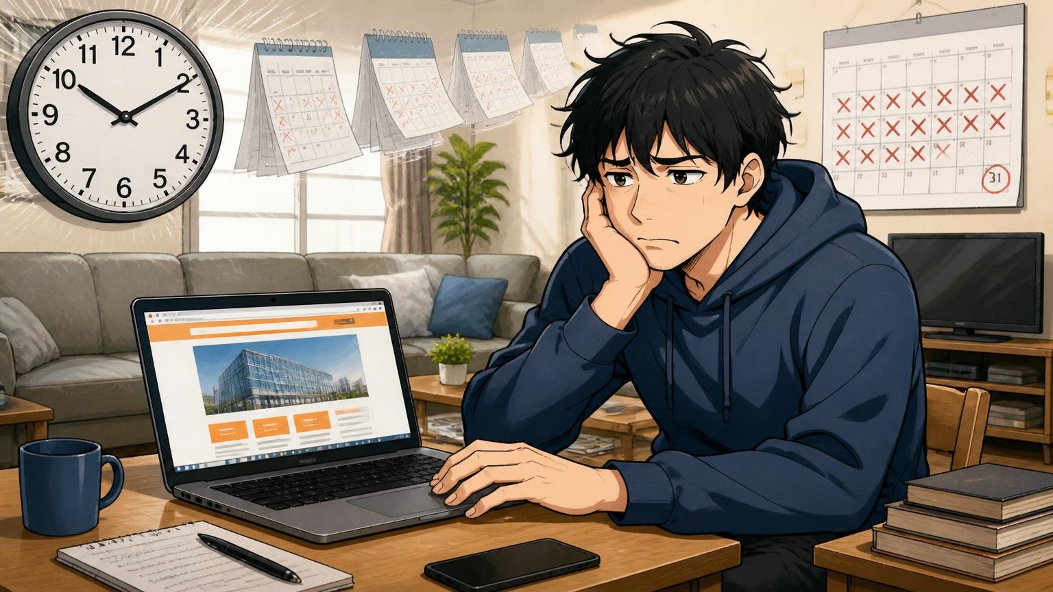 1社にこだわって他の選択肢を見ないまま2年待つ／自宅のリビング／30代エンジニア1名／クレスコのHPだけを開き続けて時間が過ぎる場面