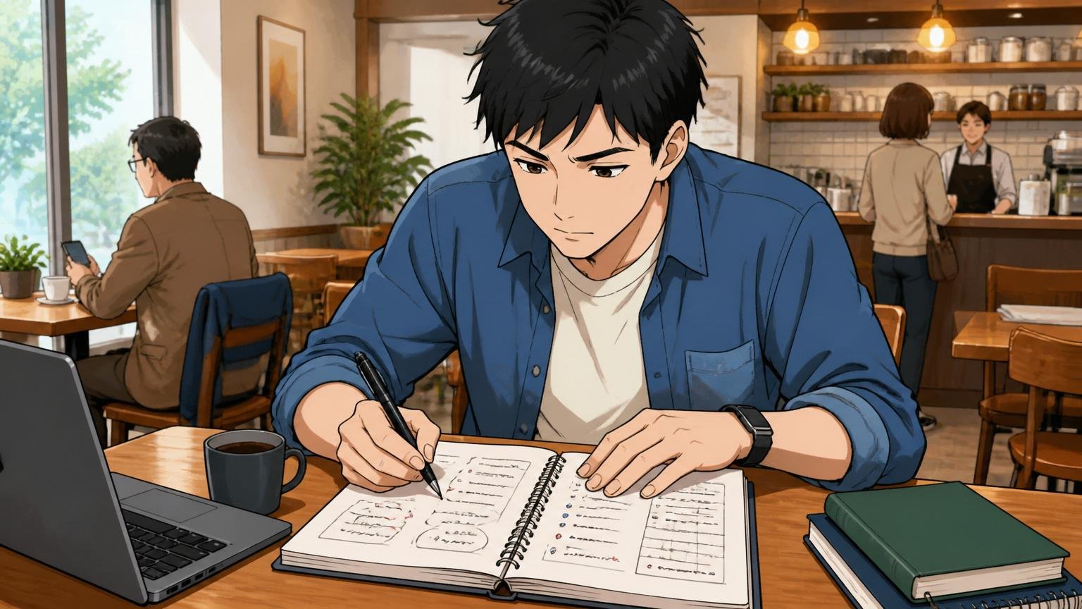カフェでノートを開き自分の選考結果を整理して書き出す30代男性エンジニア