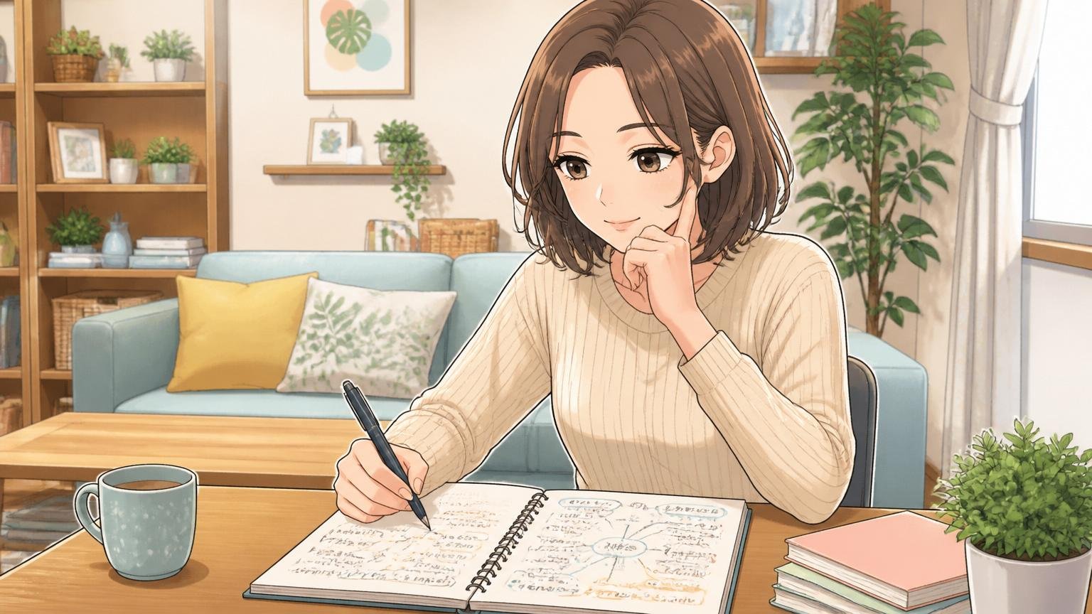 ノートに自己分析を書く30代女性、自宅のリビングで内省、1人