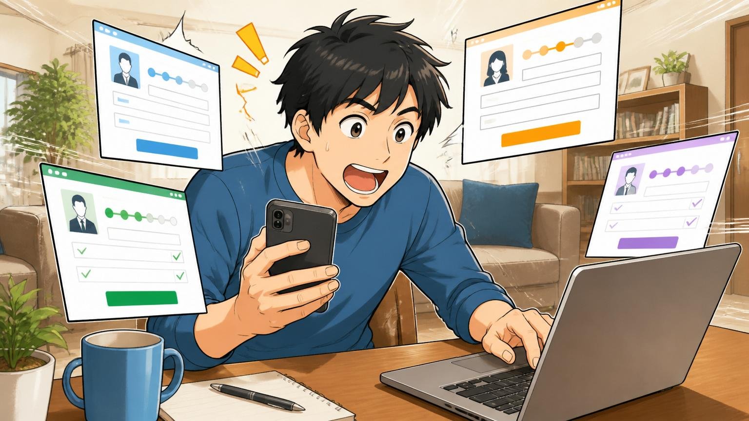 自宅のリビングでスマホとノートPCを使い複数の転職サービスに登録する場面