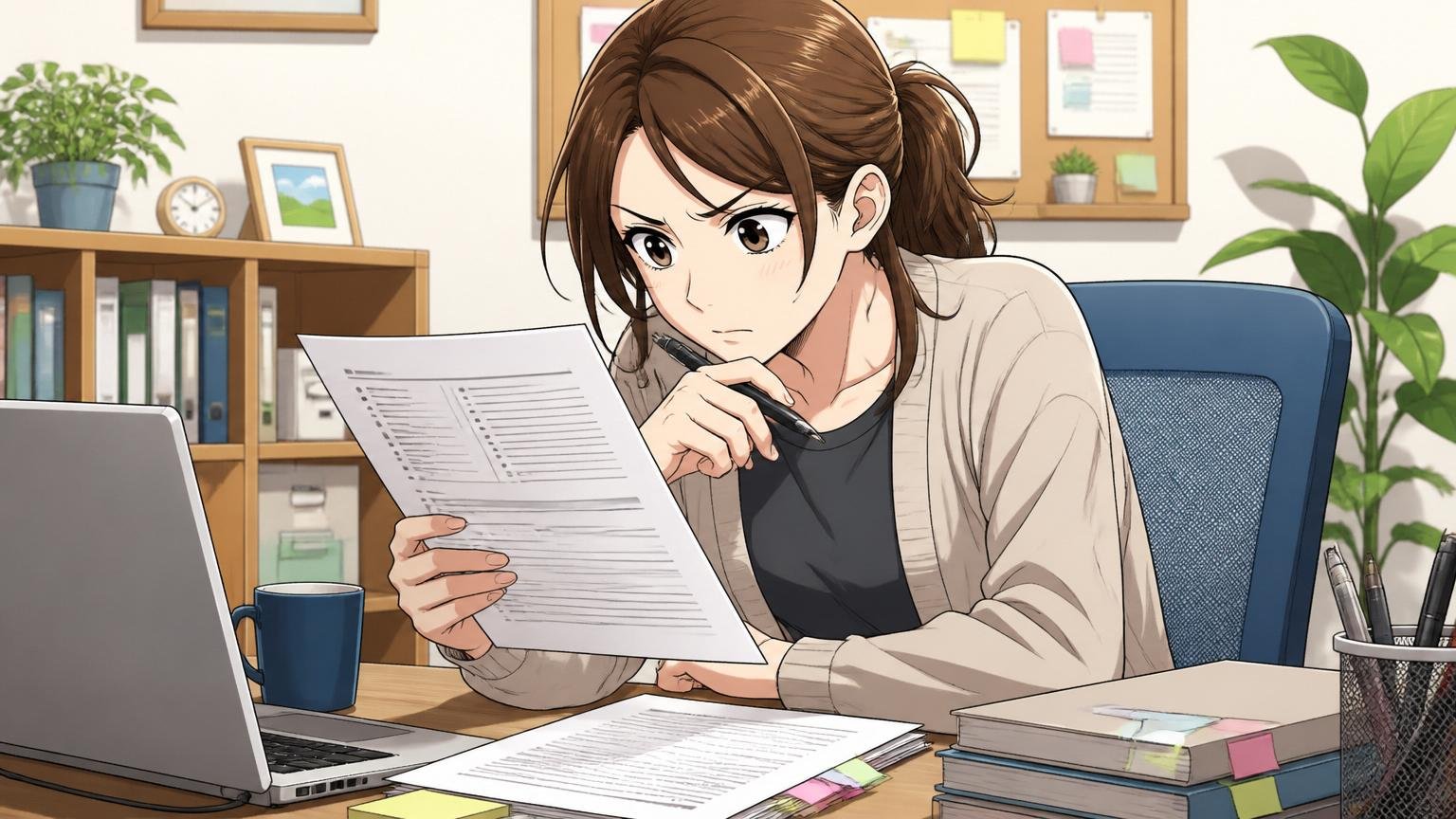今週中にやるべきこと職務経歴書と志望動機のセルフチェック。自宅のデスクで30代女性エンジニア1人が職務経歴書を見直している