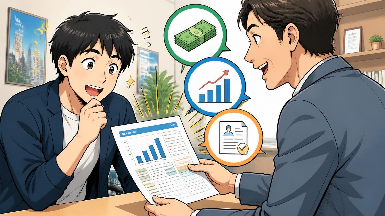 無料相談で得られる3つの客観情報。エージェントオフィスで30代エンジニアがカジュアル面談を受け、想定年収シートを手渡される2人