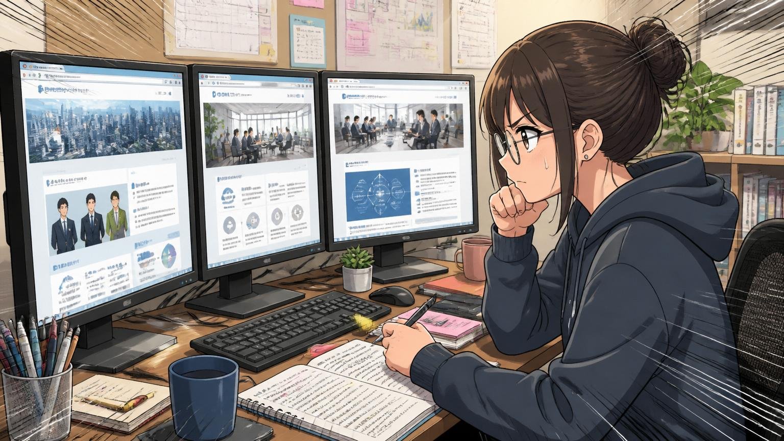 自宅のデスクで、20代後半女性エンジニアが3つのブラウザタブを並べて企業研究に取り組む集中した姿