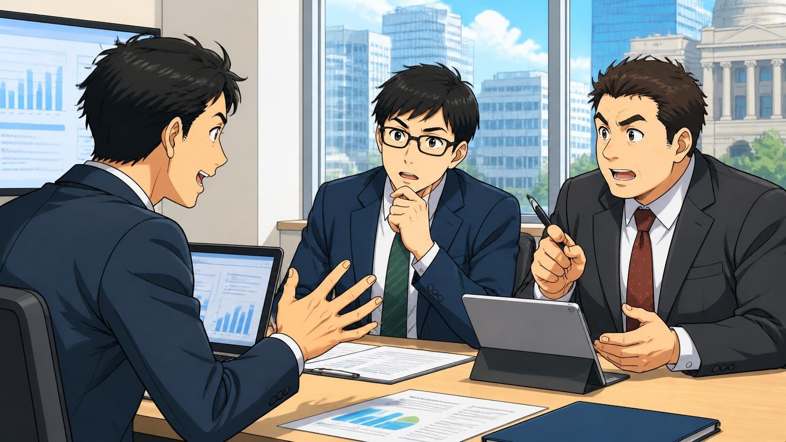 金融系SIer・公共系SIerという選択 金融街のオフィスでスーツ姿のエンジニア3人 商談の様子