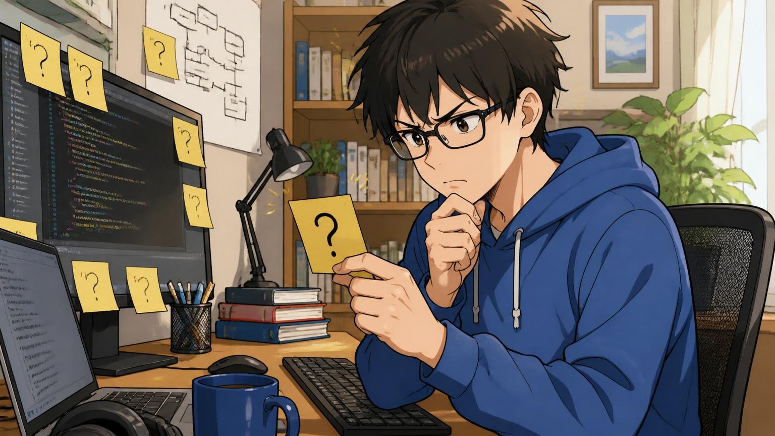 疑問を書いた付箋を見ながら答えを探すエンジニア、自宅のデスクで在宅勤務、1人、考える表情